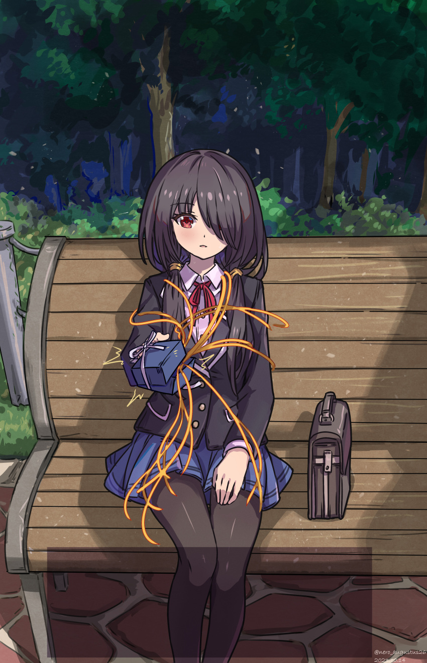 1girl absurdres bench black_hair blue_skirt box commentary_request date_a_live forest gift gift_box hair_over_one_eye highres long_hair looking_at_viewer nature nero_augustus pantyhose park_bench raizen_high_school_uniform red_eyes rope school_uniform sitting skirt solo surprised tokisaki_kurumi translation_request twintails