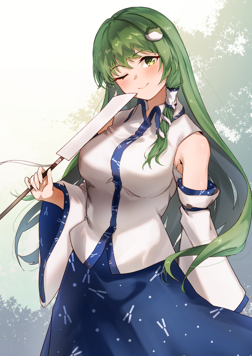 1girl absurdres bare_shoulders blue_skirt closed_mouth commission detached_sleeves frog_hair_ornament gohei green_eyes green_hair hair_between_eyes hair_ornament hair_tubes highres holding holding_gohei japanese_clothes kochiya_sanae long_hair nontraditional_miko one_eye_closed pixiv_commission skirt snake_hair_ornament solo tamiku_(shisyamo609) touhou white_sleeves wide_sleeves