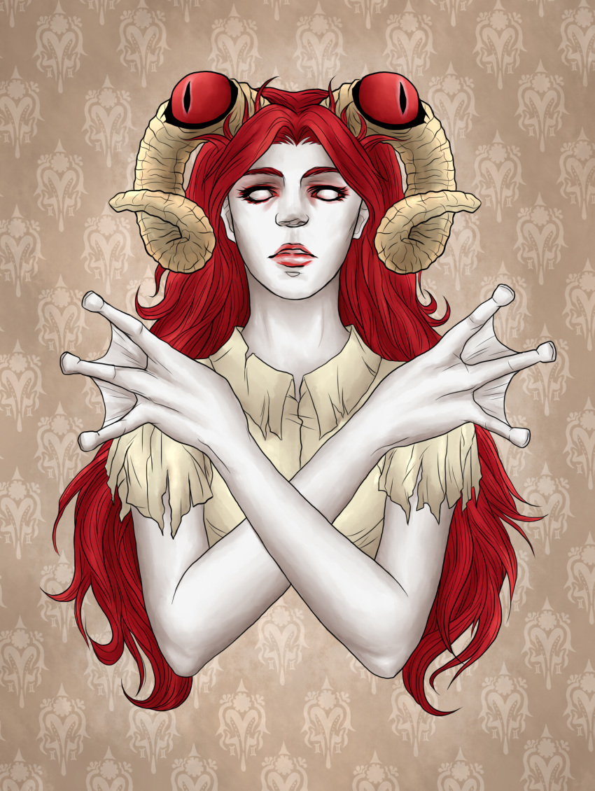 aradia_megido aradiasprite aries_(zodiac) asenath23 blank_eyes collared_shirt colored_sclera colored_skin crossed_arms curled_horns extra_eyes eyes_on_horns facing_viewer frog_girl gemini_(zodiac) ghost highres homestuck horns long_hair pink_background red_eyes red_lips red_sclera redhead sheep_horns shirt slit_pupils spread_fingers three_fingers torn_clothes torn_shirt troll_(homestuck) undead upper_body webbed_hands white_shirt white_skin