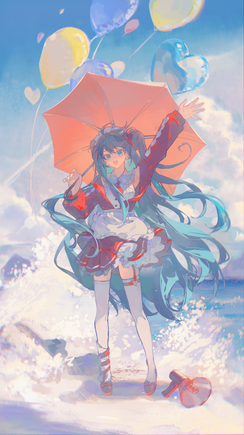 1girl alternate_costume apron aqua_eyes aqua_hair arm_up balloon beach belt blue_sky bow buckle buttonniukoukou buttons center_frills clouds collared_shirt commentary day footwear_bow frilled_apron frilled_shirt_collar frilled_skirt frills full_body hair_bun hair_ornament hatsune_miku heart heart-shaped_buckle heart_balloon heart_hair_ornament high_heels highres holding holding_umbrella jacket long_hair long_sleeves looking_at_viewer maid_headdress megaphone miniskirt mountainous_horizon ocean open_clothes open_jacket open_mouth outdoors outstretched_arm pleated_skirt pumps red_belt red_bow red_footwear red_jacket red_skirt red_umbrella sea_spray shadow shirt single_leg_warmer single_side_bun skirt skirt_set sky sleeveless sleeveless_shirt smile solo striped_leg_warmers teeth thigh-highs thigh_belt thigh_strap too_many_balloons two_side_up umbrella upper_teeth_only very_long_hair vocaloid waist_apron waves white_apron white_headwear white_leg_warmers white_shirt white_thighhighs zettai_ryouiki