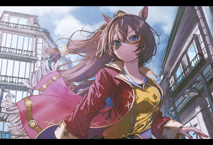 1girl absurdres black_border blue_eyes border brown_hair buttons coat commentary domino_mask double-breasted el_condor_pasa_(umamusume) from_below hair_between_eyes highres horse_girl jacket long_hair looking_to_the_side mask red_coat s/t_(mineral_666) smile solo umamusume yellow_jacket