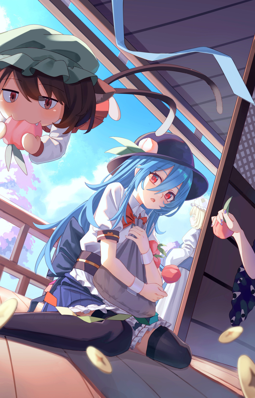 4girls :3 absurdres animal_ear_fluff animal_ears bag black_thighhighs blonde_hair blue_hair blurry bow bowtie brown_hair cat_ears cat_tail chen chibi clouds coin commentary_request d: day depth_of_field dress dutch_angle fang food food_theft foot_out_of_frame fox_ears fruit gap_(touhou) hair_between_eyes hat heituyongzhe highres hinanawi_tenshi holding holding_bag jitome long_hair looking_at_another looking_to_the_side mob_cap multiple_girls multiple_tails nekomata open_mouth peach red_bow red_bowtie red_eyes shirt short_hair sitting sky tail thigh-highs touhou two_tails very_long_hair wariza white_dress white_shirt wrist_cuffs yakumo_ran yakumo_yukari