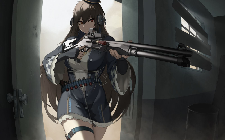 1girl aiming barrel benelli_m4 black_headwear blouse boarded_windows breasts brown_hair cero_(last2stage) commentary commission door dust elbow_gloves english_commentary fingerless_gloves fisheye girls_frontline gloves gun hair_between_eyes hair_ornament hairclip headphones heterochromia highres indoors large_breasts light_particles long_hair m1014_(girls'_frontline) optical_sight parted_lips red_eyes shirt shotgun shotgun_shell solo thigh_strap trigger_discipline upper_body very_long_hair weapon white_shirt yellow_eyes