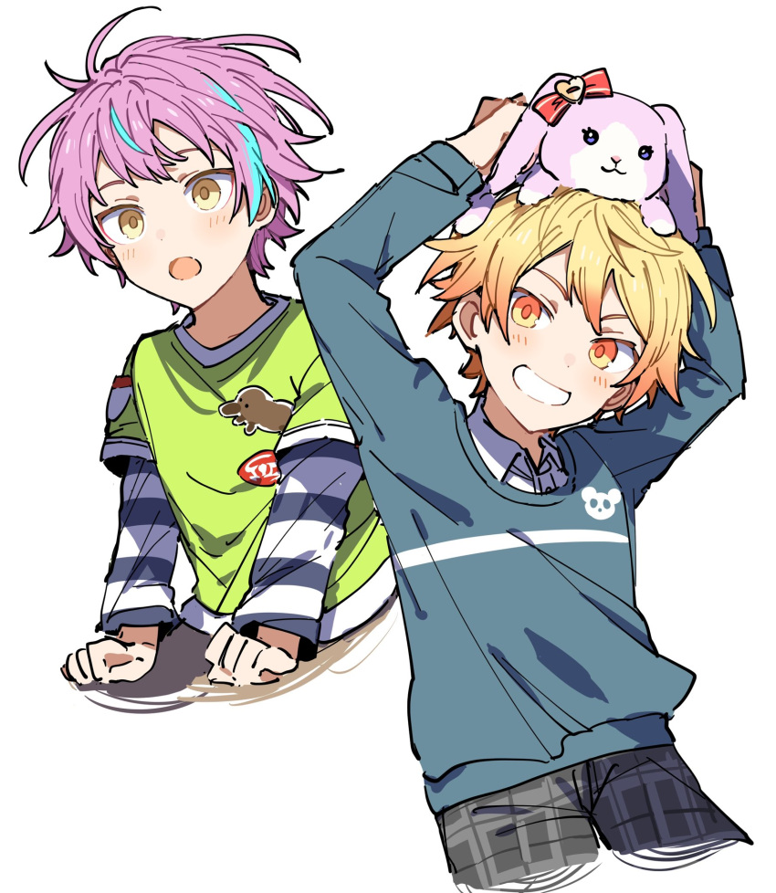 2boys aged_down arms_up blonde_hair blue_hair blue_shirt green_shirt highres hoshi-toge kamishiro_rui multicolored_hair multiple_boys open_mouth project_sekai purple_hair shirt simple_background smile streaked_hair stuffed_bunny_(project_sekai) tenma_tsukasa white_background yellow_eyes