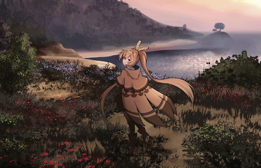 1girl ahoge ankle_boots black_pantyhose blush boots brown_capelet brown_cloak brown_corset brown_eyes brown_hair bush cape capelet cloak corset crossed_bangs dirt flower from_behind grass highres hill hololive hololive_english landscape looking_at_viewer looking_back mtoan multicolored_hair nanashi_mumei nanashi_mumei_(1st_costume) ocean pantyhose smile streaked_hair tree twilight virtual_youtuber water
