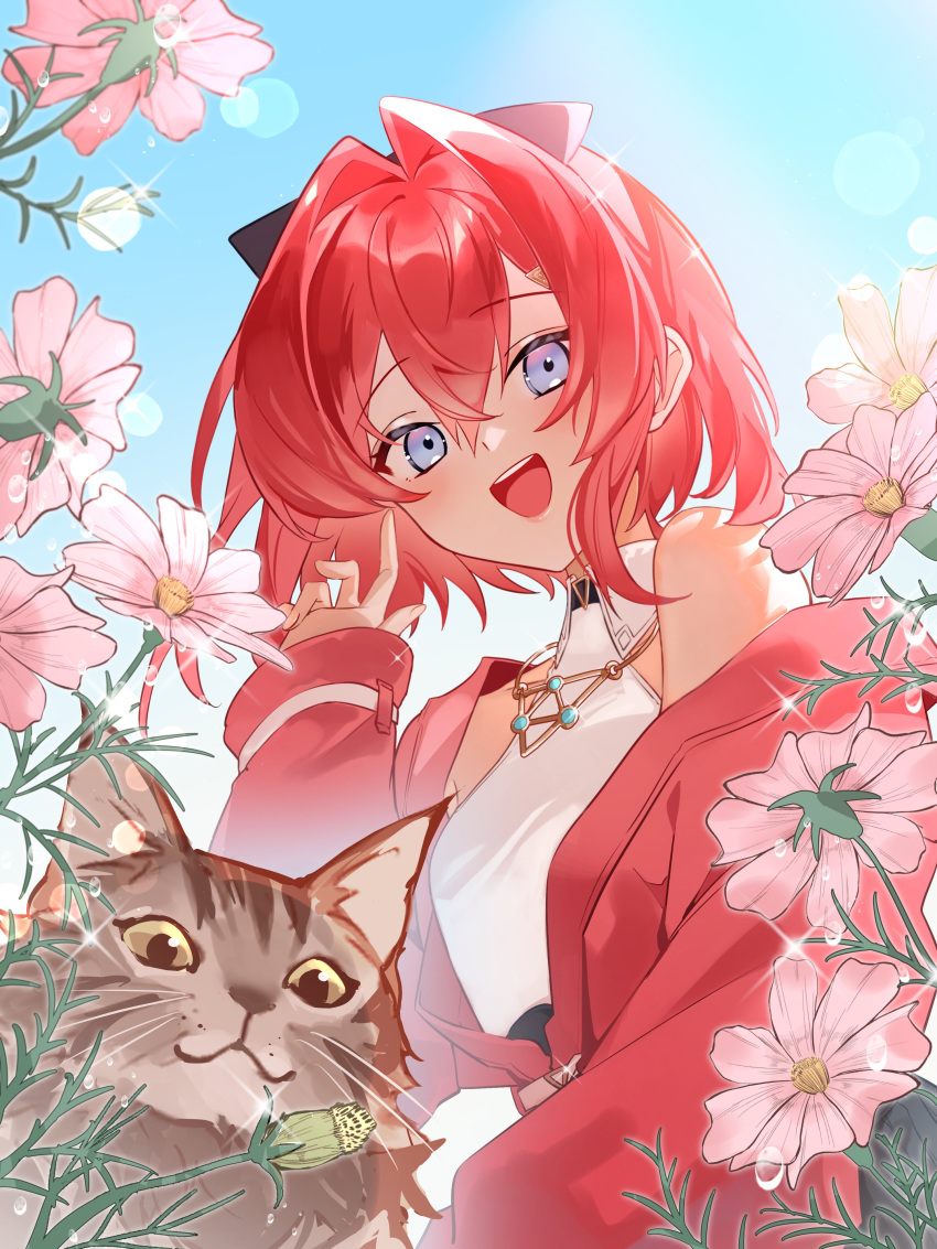 1girl absurdres ange_katrina ange_katrina_(1st_costume) blue_eyes cat chilcy35 flower hair_intakes highres jacket nijisanji open_clothes open_jacket open_mouth pink_flower red_jacket redhead short_hair smile solo virtual_youtuber
