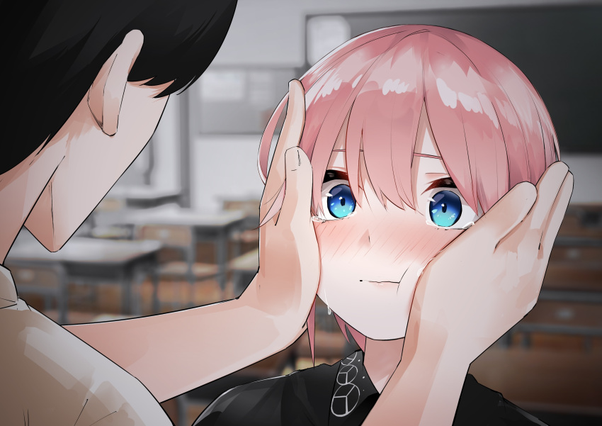 1boy 1girl :t absurdres black_hair black_shirt blue_eyes blurry blurry_background blush classroom close-up closed_mouth commentary_request double-parted_bangs eyebrows_hidden_by_hair go-toubun_no_hanayome hair_between_eyes hands_on_another's_cheeks hands_on_another's_face hetero highres indoors looking_at_another mame1645 nakano_ichika nose_blush pink_hair shirt short_hair tearing_up tears uesugi_fuutarou upper_body white_shirt wide-eyed