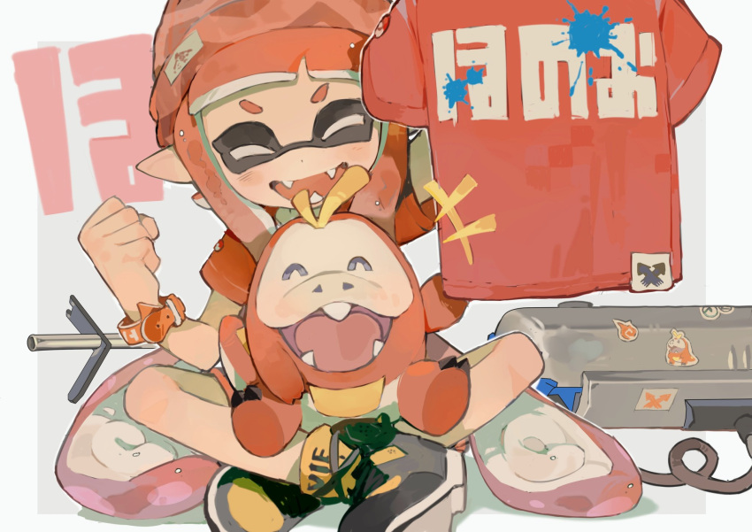+++ 1girl :d ^_^ beanie black_footwear blunt_bangs blush border clenched_hand closed_eyes clothes_writing commentary_request e-liter_4k_(splatoon) fangs fuecoco grey_background gun hand_up hat high_tops highres holding holding_clothes holding_shirt inkling inkling_girl long_hair open_mouth orange_hair orange_headwear orange_shirt outside_border p-pepper pointy_ears pokemon pokemon_(creature) red_shirt shirt shoes short_eyebrows short_shorts short_sleeves shorts simple_background sitting smile sneakers splatoon_(series) splatoon_3 sticker t-shirt tentacle_hair two-tone_headwear unworn_shirt v-shaped_eyebrows very_long_hair watch watch weapon white_border yellow_footwear