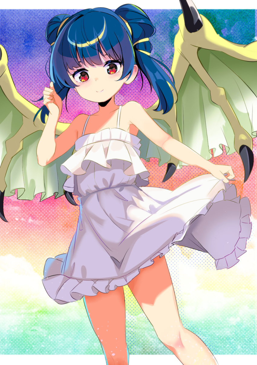 1girl alternate_hair_color bare_arms bare_legs blue_hair clouds dragon_wings dress fire_emblem flat_chest frilled_dress frills gradient_background hair_ribbon harakune_(mugennero) highres light_smile looking_at_viewer myrrh_(fire_emblem) red_eyes ribbon sunset twintails white_dress wings