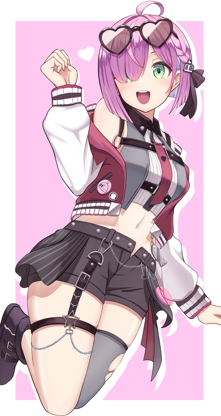 absurdres blush bob_cut braid eyewear_on_head green_eyes grey_thighhighs hair_over_one_eye hakuou0714 harness heart heart-shaped_eyewear highres himemori_luna himemori_luna_(5th_costume) hololive jacket letterman_jacket midriff multicolored_hair navel necktie o-ring o-ring_harness off_shoulder official_alternate_costume official_alternate_hairstyle open_clothes open_jacket open_mouth open_shorts pink_background pink_hair red_necktie short_hair shorts simple_background single_thighhigh skindentation sunglasses thigh-highs two-tone_hair virtual_youtuber