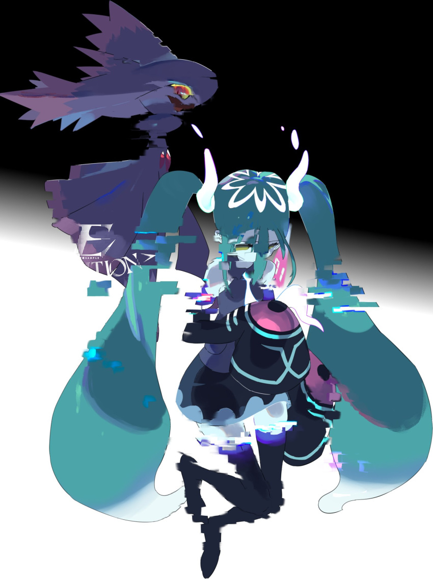 aqua_hair black_thighhighs detached_sleeves distortion e_volution floating ghost ghost_miku_(project_voltage) glitch gradient_hair grey_shirt hair_between_eyes hatsune_miku highres long_hair mismagius multicolored_hair necktie pale_skin pokemon pokemon_(creature) project_voltage see-through see-through_skirt shirt skirt sleeves_past_fingers sleeves_past_wrists thigh-highs twintails very_long_hair vocaloid will-o'-the-wisp_(mythology) yellow_eyes