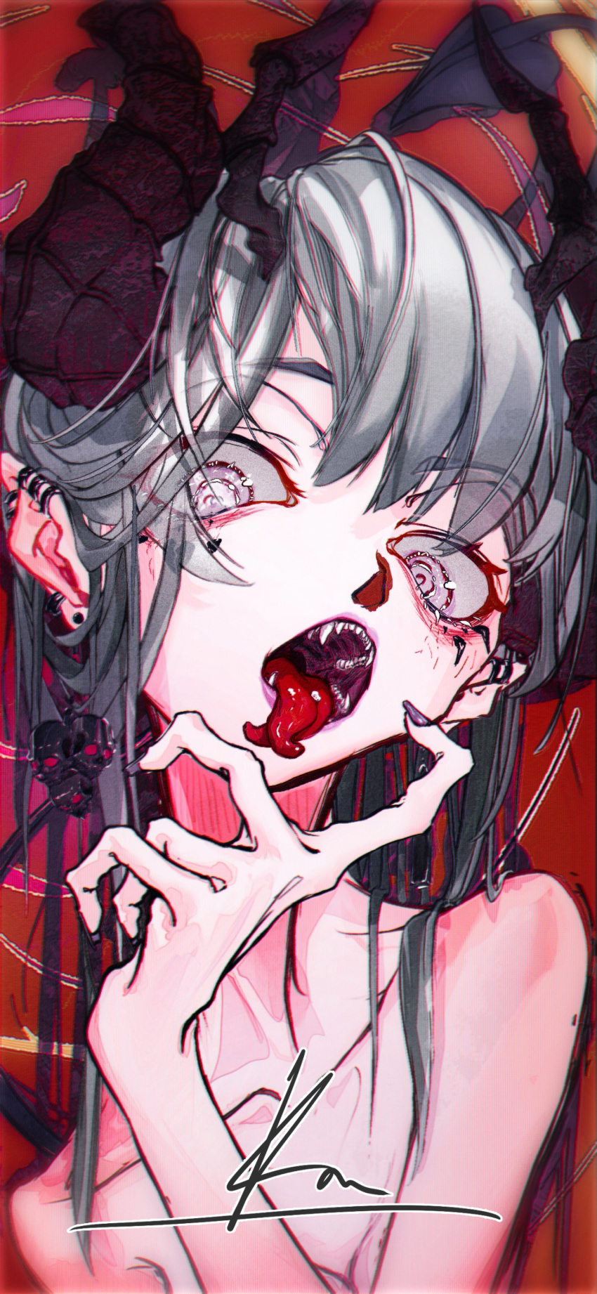 1girl absurdres akiyama_kou blue_hair earrings fang hand_on_own_face highres horns jewelry long_hair looking_at_viewer open_mouth original red_background tongue tongue_out