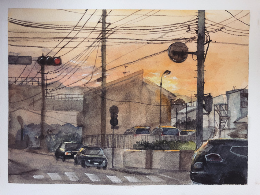 bridge building car clouds cloudy_sky day highres motor_vehicle no_humans original painting_(medium) power_lines road road_sign sign sky street sunlight tlctm7h8wdwnthx traditional_media traffic_light utility_pole watercolor_(medium)