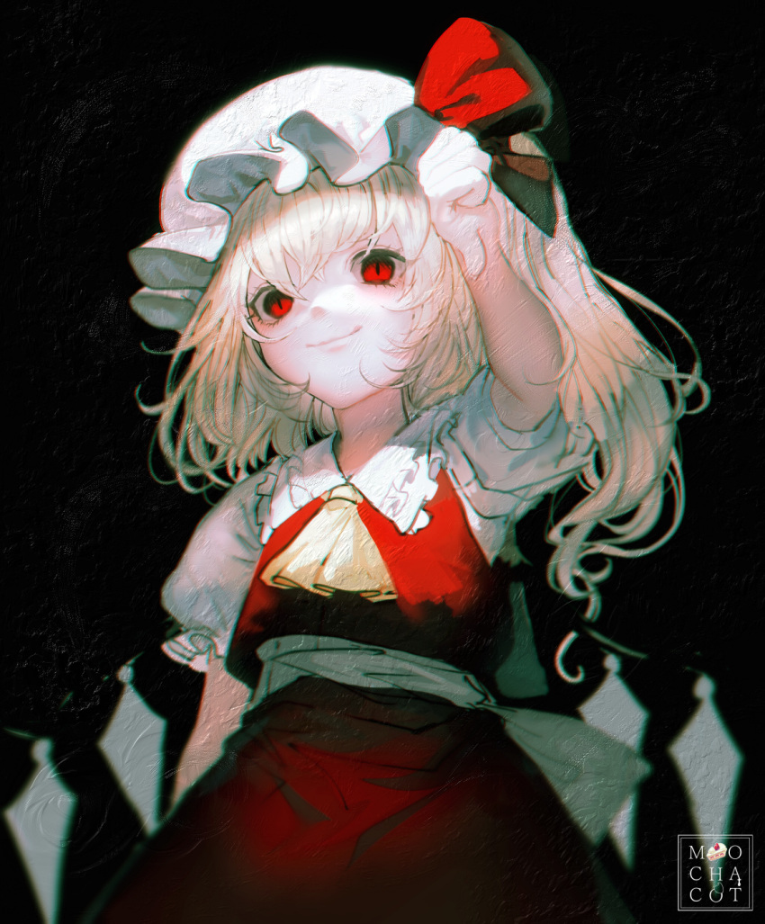 1girl artist_name ascot black_background black_bow blonde_hair bow closed_mouth collared_shirt commentary cowboy_shot dark_background flandre_scarlet frilled_shirt_collar frilled_sleeves frills from_below hat hat_bow highres large_bow light_smile long_sleeves mob_cap mochacot one_side_up puffy_short_sleeves puffy_sleeves red_bow red_eyes red_skirt red_vest shirt short_sleeves skirt solo symbol-only_commentary touhou vest white_bow white_headwear white_shirt wings yellow_ascot
