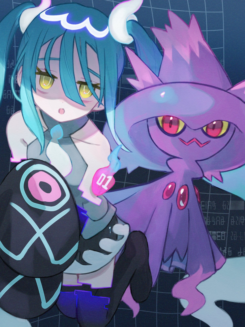 1girl aqua_hair bare_shoulders black_thighhighs detached_sleeves ghost ghost_miku_(project_voltage) glitch grey_shirt hair_between_eyes hatsune_miku highres long_hair looking_at_viewer mismagius necktie open_mouth pale_skin pokemon pokemon_(creature) project_voltage red_eyes see-through see-through_skirt shirt skirt sleeves_past_fingers sleeves_past_wrists thigh-highs twintails umenoki_01 very_long_hair vocaloid will-o'-the-wisp_(mythology) yellow_eyes