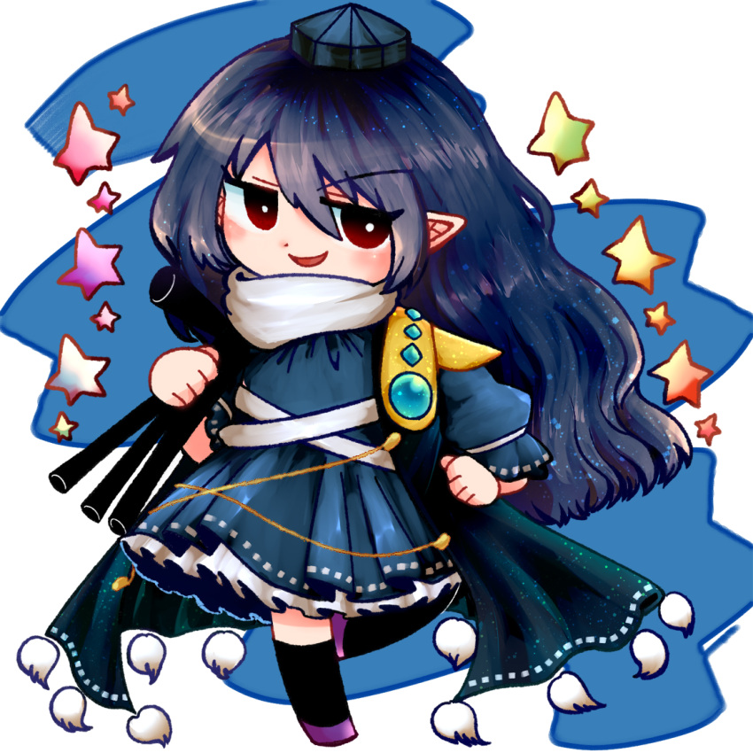 1girl :d armor black_socks blue_background blue_dress blue_hair bright_pupils chibi commentary_request dark_blue_hair dot_nose dress full_body hand_on_own_hip hand_up hat holding_tripod iizunamaru_megumu long_hair looking_at_viewer okizari open_mouth pauldrons petticoat pointy_ears pom_pom_(clothes) puffy_sleeves red_eyes shoulder_armor simple_background single_pauldron sleeves_past_elbows smile socks solo standing standing_on_one_leg star_(symbol) tokin_hat touhou turtleneck v-shaped_eyebrows very_long_hair white_background white_pupils