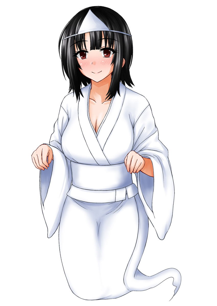 1girl black_hair brown_eyes commission floating ghost ghost_pose ghost_tail highres japanese_clothes kamiya_tadato kantai_collection kimono looking_at_viewer pixiv_commission smile solo takao_(kancolle) triangular_headpiece white_background white_kimono wide_sleeves