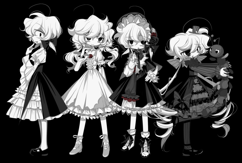 4girls :d :o antenna_hair black_background black_bow black_dress black_eyes black_flower black_footwear black_ribbon black_rose bow colored_skin dress flower full_body greyscale hair_bow highres holding holding_stuffed_toy meyou_0319 monochrome multiple_girls multiple_hair_bows open_mouth original red_flower red_rose ribbon rose short_hair smile stuffed_animal stuffed_toy very_short_hair white_bow white_dress white_hair white_skin