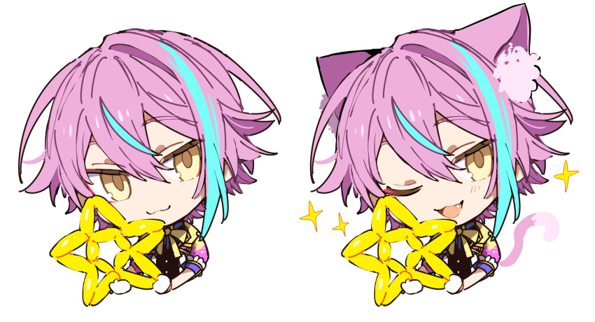 1boy :3 :d absurdres animal_ears balloon_animal blue_hair blush bow bowtie cat_ears cat_tail closed_mouth highres hoshi-toge kamishiro_rui multicolored_hair multiple_views one_eye_closed open_mouth project_sekai purple_hair smile sparkle streaked_hair tail yellow_bow yellow_bowtie yellow_eyes