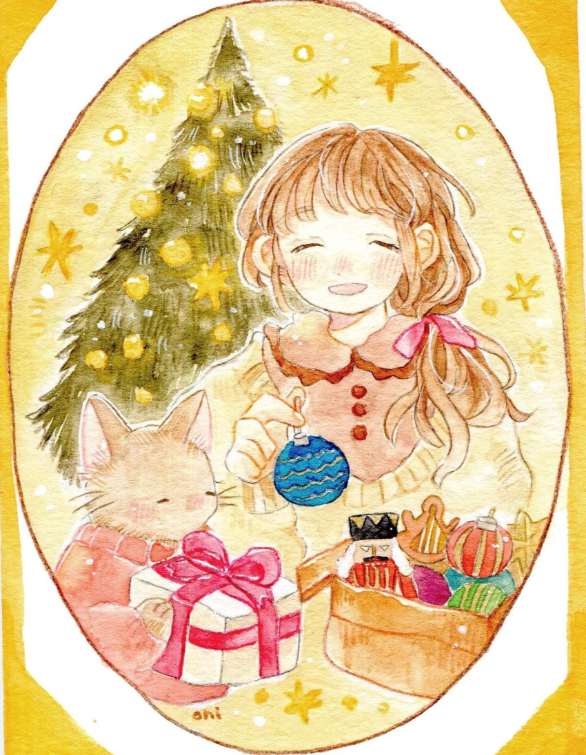 1girl animal arched_bangs blush box brown_hair cat christmas_tree closed_eyes clothed_animal gift gift_box highres long_hair low_ponytail oniheya_53 open_mouth original painting_(medium) smile solo traditional_media tree watercolor_(medium)
