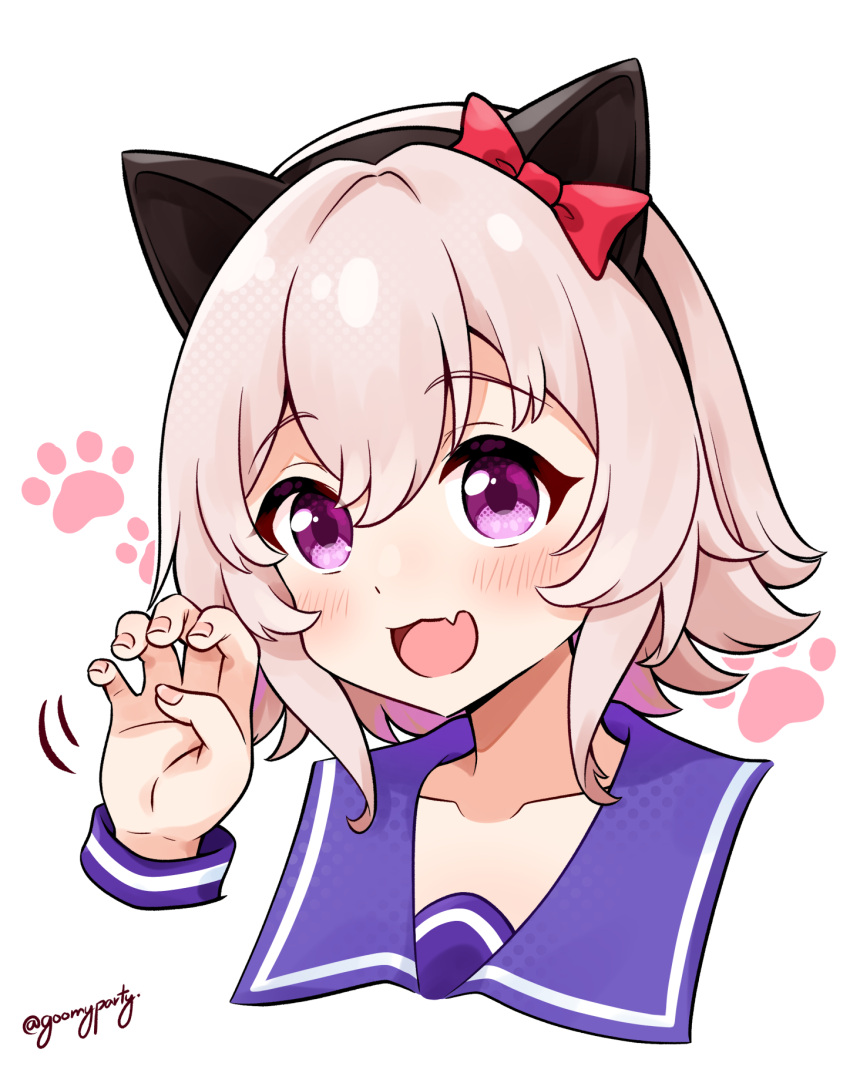 1girl :d animal_ears black_hairband blush bow brown_hair cat_day cat_ears claw_pose collarbone commentary_request curren_chan_(umamusume) ear_bow fang goom_(goomyparty) hair_between_eyes hairband hand_up highres kemonomimi_mode pink_nails red_bow simple_background smile solo twitter_username umamusume violet_eyes white_background