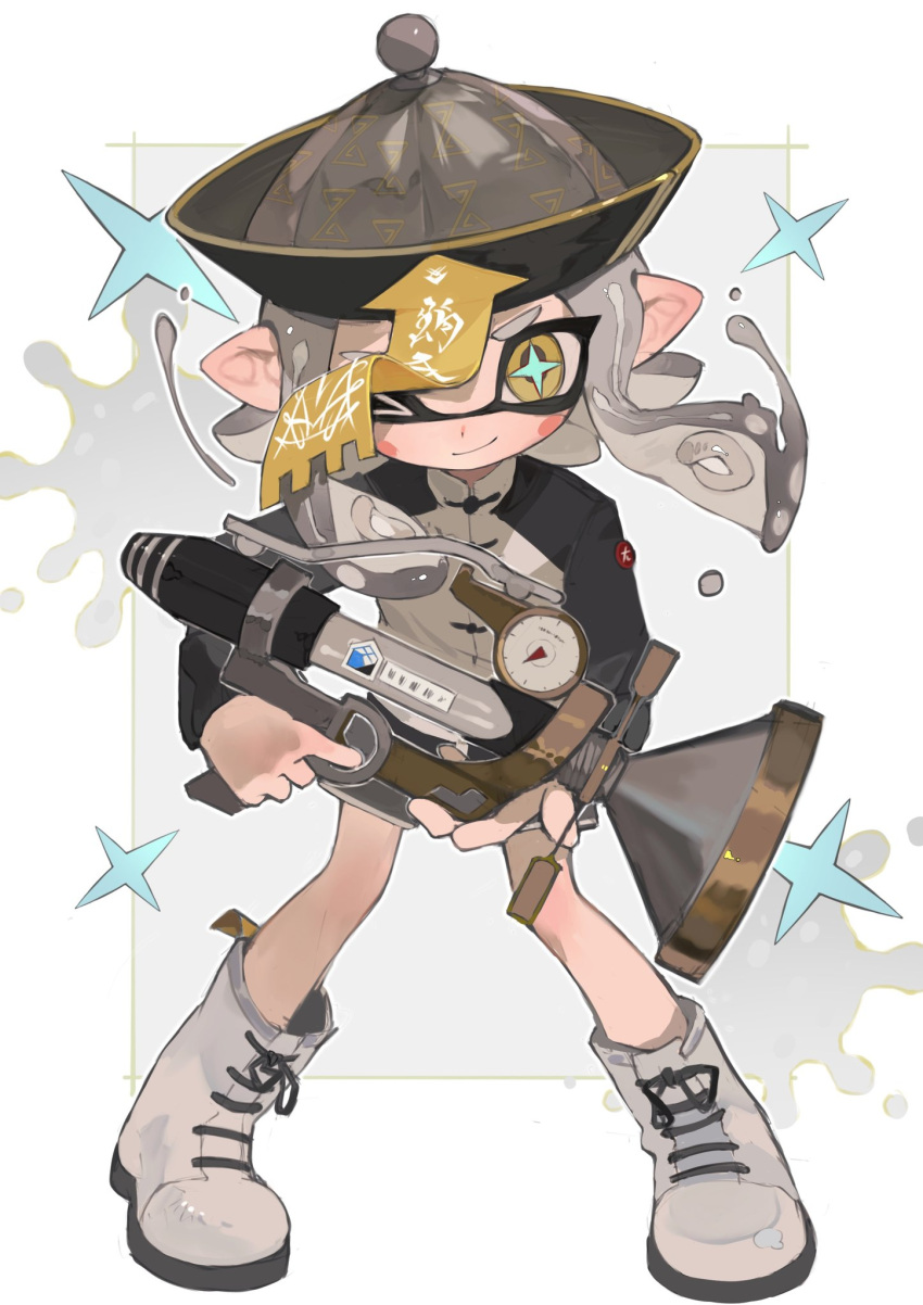 +_+ 1girl black_jacket blush blush_stickers boots chinese_clothes closed_mouth commentary_request floating_hair full_body grey_background grey_hair grey_headwear grey_jacket grey_shorts gun hat highres holding holding_gun holding_weapon inkling inkling_girl jacket long_sleeves looking_at_viewer medium_hair multicolored_clothes multicolored_jacket ofuda p-pepper paint_splatter pointy_ears qing_guanmao short_eyebrows short_shorts shorts sidelocks simple_background smile smirk solo sparkle splatoon_(series) splatoon_2 sploosh-o-matic_(splatoon) standing star-shaped_pupils star_(symbol) symbol-shaped_pupils tangzhuang tentacle_hair two-tone_jacket v-shaped_eyebrows weapon white_background white_footwear yellow_eyes