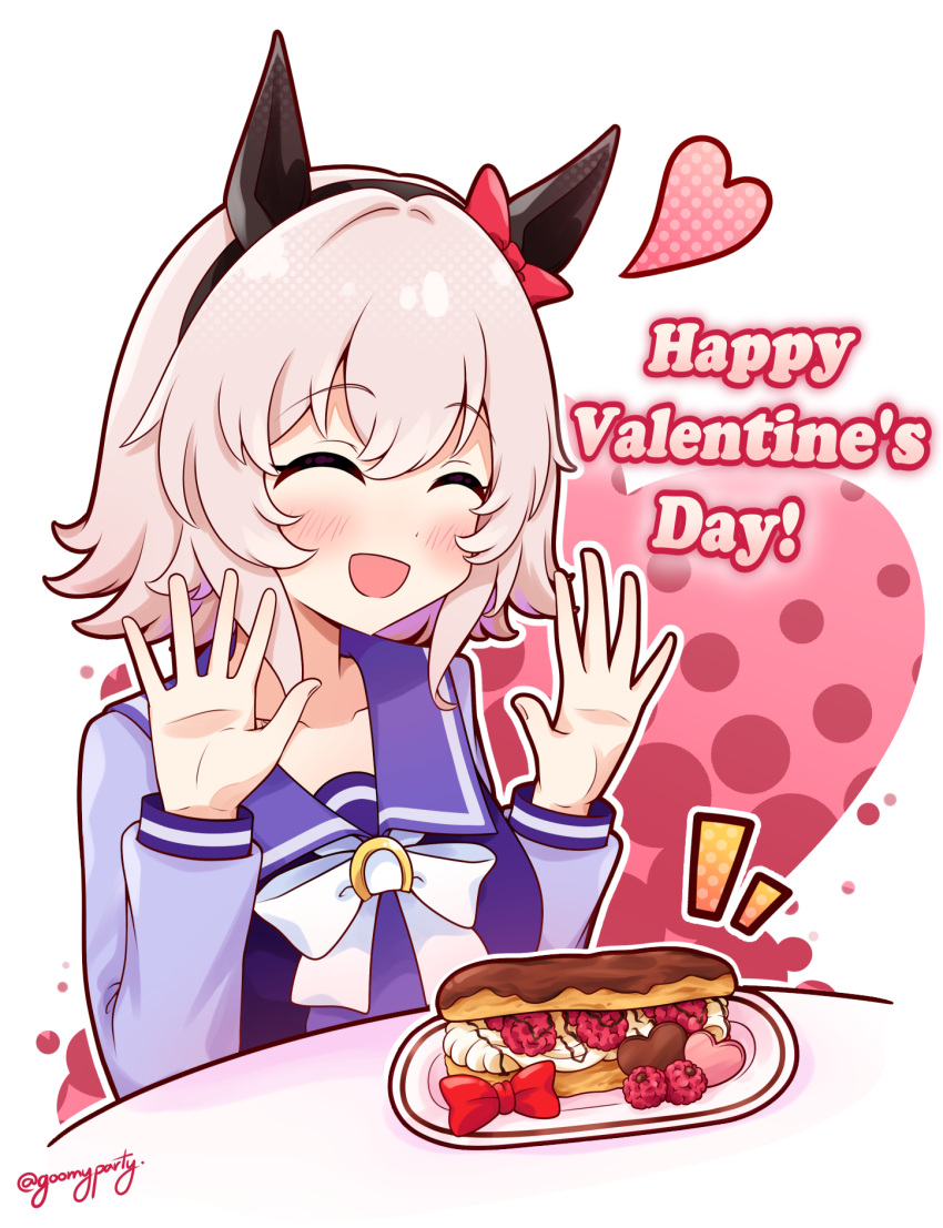 1girl :d ^_^ animal_ears black_hairband blue_shirt blush bow breasts brown_hair closed_eyes commentary_request curren_chan_(umamusume) ear_bow food food_request fruit goom_(goomyparty) hair_between_eyes hairband halftone halftone_background hands_up happy_valentine heart highres horse_ears long_sleeves medium_breasts plate puffy_long_sleeves puffy_sleeves raspberry red_bow school_uniform shirt simple_background smile solo tracen_school_uniform twitter_username umamusume white_background white_bow