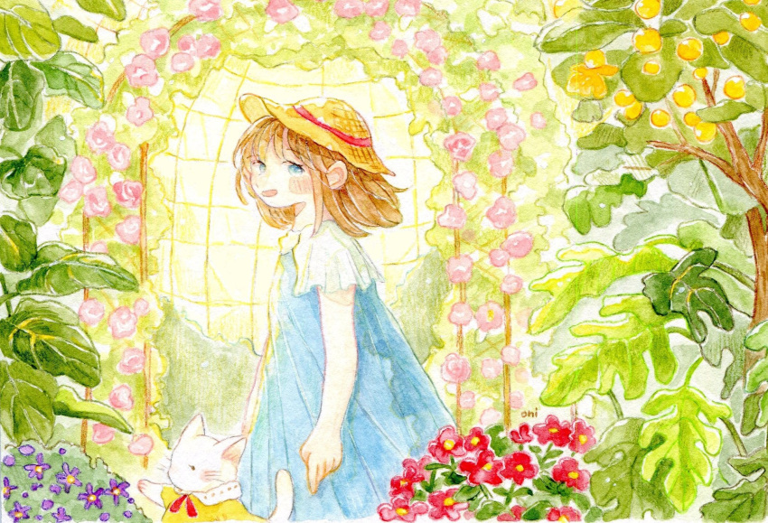 1girl animal arched_bangs blue_eyes blush brown_hair cat clothed_animal dress green_dress hat highres indoors leaf looking_at_viewer oniheya_53 open_mouth original painting_(medium) short_hair short_sleeves signature solo traditional_media watercolor_(medium)