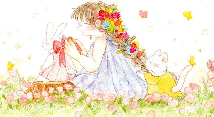 1girl animal arched_bangs braid brown_hair cat closed_eyes clothed_animal dress flower highres long_hair on_grass oniheya_53 open_mouth original outdoors painting_(medium) rabbit sleeveless sleeveless_dress solo traditional_media watercolor_(medium) white_background white_cat white_dress