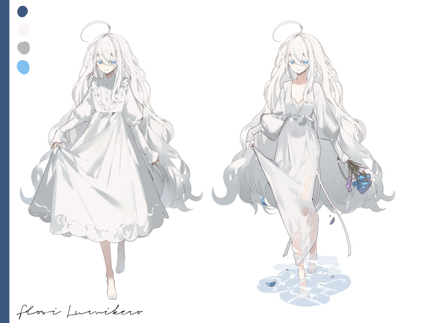 1girl absurdres asphyxia17 barefoot collarbone dress flower hair_between_eyes highres holding holding_flower lifted_by_self long_hair looking_at_viewer original puffy_sleeves signature simple_background skirt_hold smile standing very_long_hair white_background white_dress white_hair