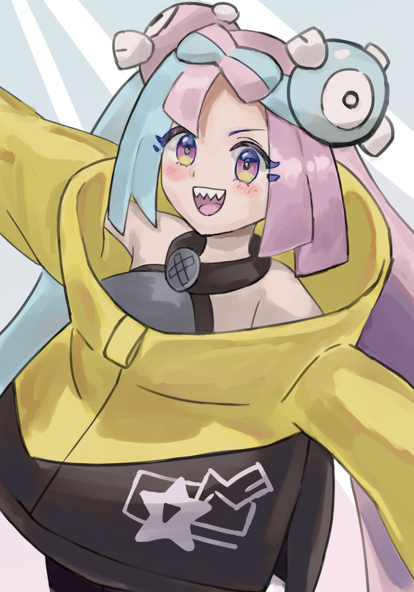 1girl :d absurdres arakaki_(ewgn2728) bare_shoulders blue_hair blush bow-shaped_hair character_hair_ornament eyelashes hair_ornament highres iono_(pokemon) jacket long_hair long_sleeves looking_at_viewer multicolored_hair open_mouth pink_eyes pink_hair pokemon pokemon_(game) pokemon_sv sharp_teeth simple_background smile solo teeth two-tone_hair upper_body very_long_hair yellow_jacket