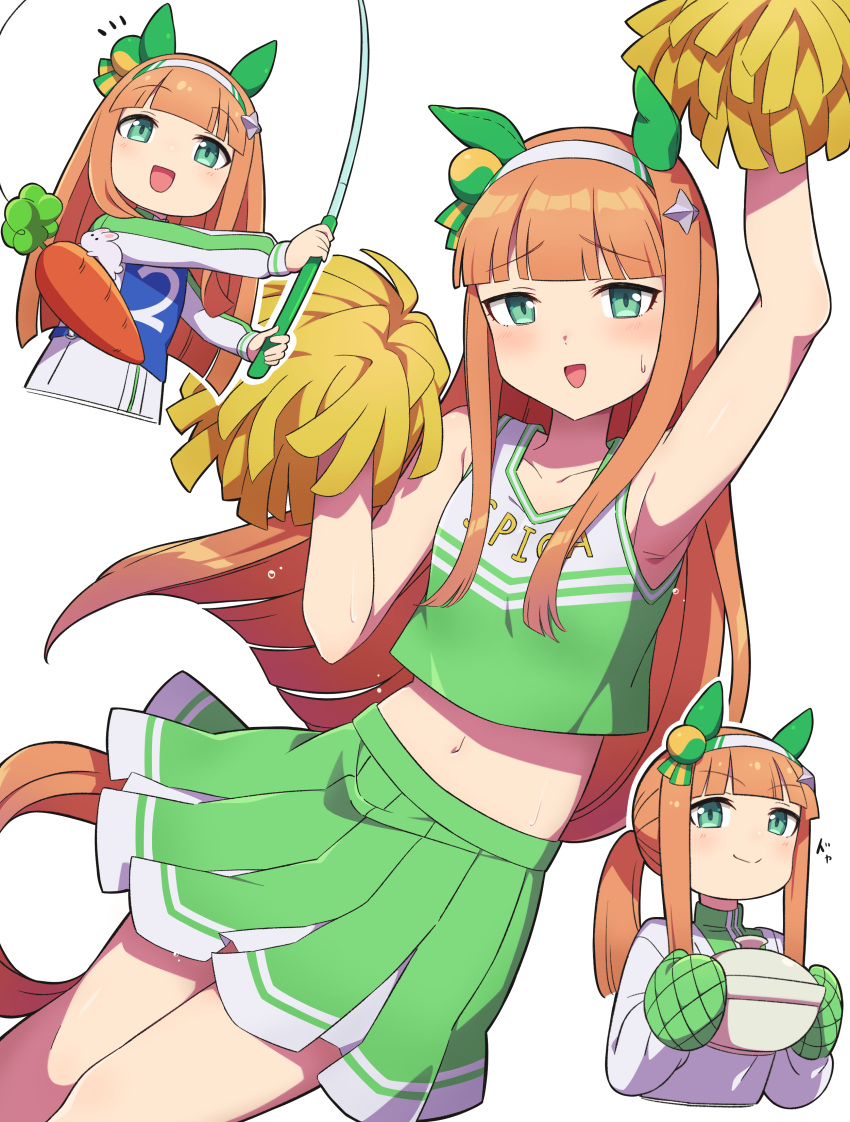 1-4daithi 1girl absurdres alternate_costume alternate_hairstyle animal_ears anime_coloring apron arm_up armpits blunt_bangs breasts carrot cheerleader collarbone commentary_request fishing_rod green_eyes hair_ornament headband highres horse_ears horse_girl horse_tail looking_at_viewer orange_hair pom_pom_(cheerleading) silence_suzuka_(umamusume) sleeveless small_breasts solo sweat tail umamusume umamusume_(anime) white_background