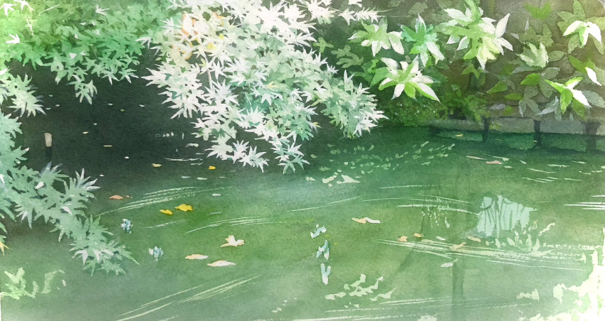 flower highres no_humans original painting_(medium) pond reflection reflective_water scenery sunlight tlctm7h8wdwnthx traditional_media tree water watercolor_(medium) white_flower