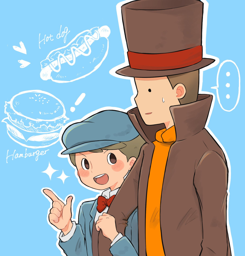 ... 2boys :d arm_grab black_eyes blue_background blue_headwear blue_jacket blush bow bowtie brown_hair brown_headwear brown_jacket brown_vest burger cabbie_hat collared_shirt commentary_request english_text excited food hand_up hands_up hat heart hershel_layton high_collar highres hot_dog jacket kiwami_(kiwamimuneko) long_sleeves looking_at_another luke_triton male_focus multiple_boys open_clothes open_jacket open_mouth orange_sweater outline professor_layton red_bow red_bowtie shirt short_hair smile sparkle spoken_ellipsis sweatdrop sweater top_hat upper_body v-shaped_eyebrows vest white_outline white_shirt