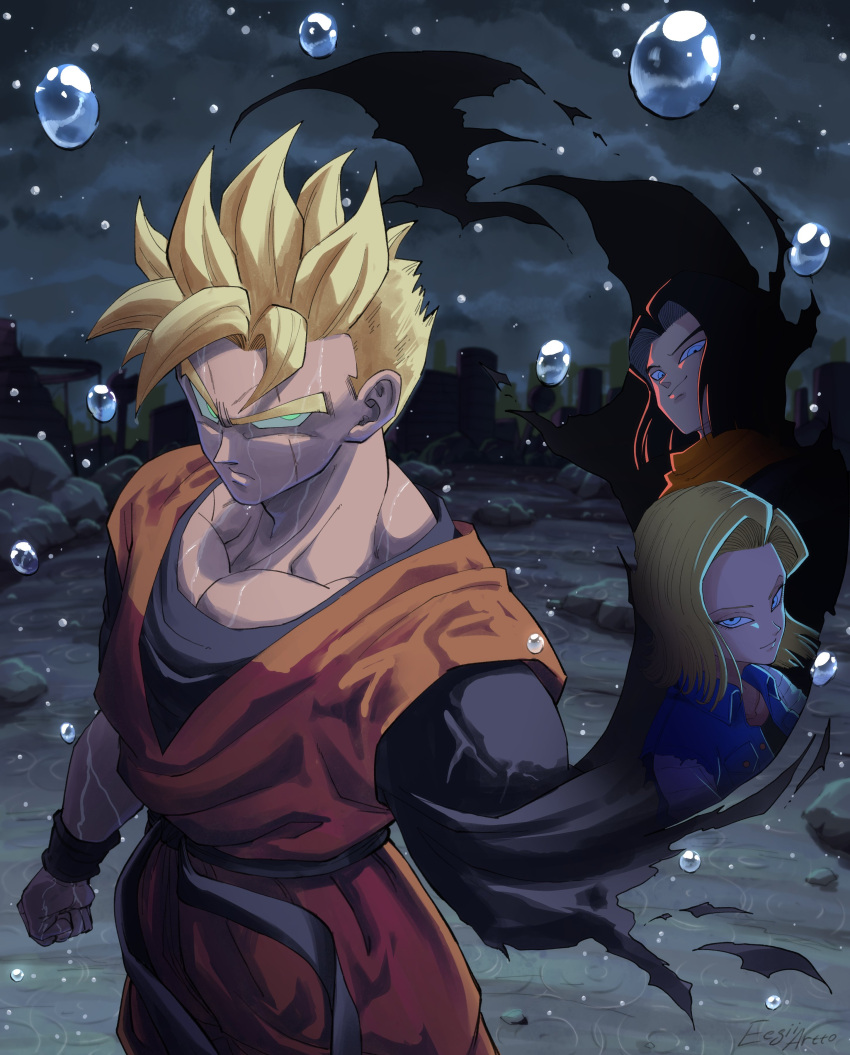 1girl 2boys absurdres amputee android_17 android_18 aqua_eyes belt black_belt black_hair blonde_hair blue_vest closed_mouth clouds cloudy_sky cowboy_shot dougi dragon_ball dragon_ball_z eegiiartto highres looking_at_viewer missing_limb multiple_boys orange_scarf outdoors rain rubble scarf short_sleeves sky smile son_gohan_(future) standing super_saiyan super_saiyan_1 v-shaped_eyebrows vest water_drop wristband