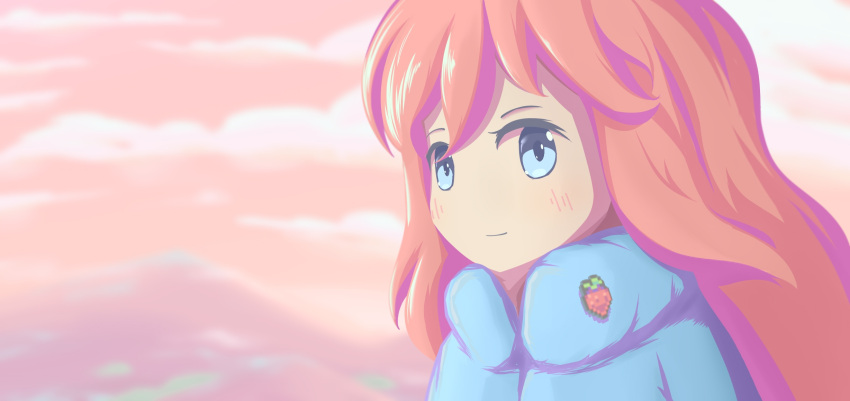 1girl blue_eyes blue_jacket blush celeste_(video_game) closed_mouth clouds coat down_jacket highres jacket light_smile long_hair looking_at_viewer madeline_(celeste) mountain mountainous_horizon orange_hair outdoors pink_background pink_sky portrait sky smile solo strawberry_brooch tiyalinaria winter_clothes winter_coat