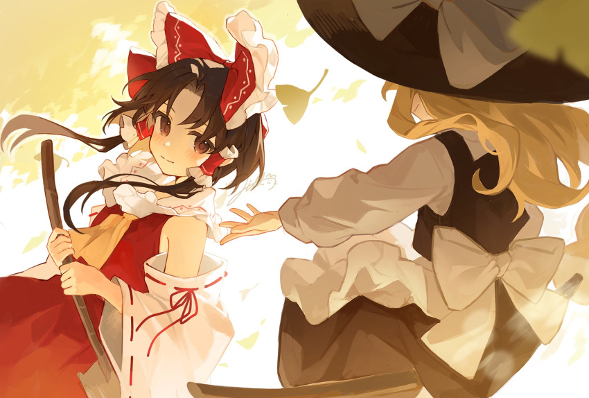 2girls apron arm_up artist_name ascot back back_bow bare_shoulders black_headwear black_skirt black_vest blonde_hair blush bow broom broom_riding brown_eyes brown_hair closed_mouth collared_shirt detached_sleeves flying frills hair_bow hair_ornament hair_tubes hakurei_reimu hands_up hat hat_bow highres holding holding_broom jill_07km kirisame_marisa long_hair long_sleeves looking_at_another multiple_girls parted_bangs puffy_long_sleeves puffy_sleeves red_bow red_ribbon red_shirt red_skirt ribbon ribbon-trimmed_sleeves ribbon_trim shirt short_hair signature sitting skirt skirt_set smile standing touhou turtleneck vest white_apron white_background white_bow white_shirt wide_sleeves wing_collar witch_hat yellow_ascot