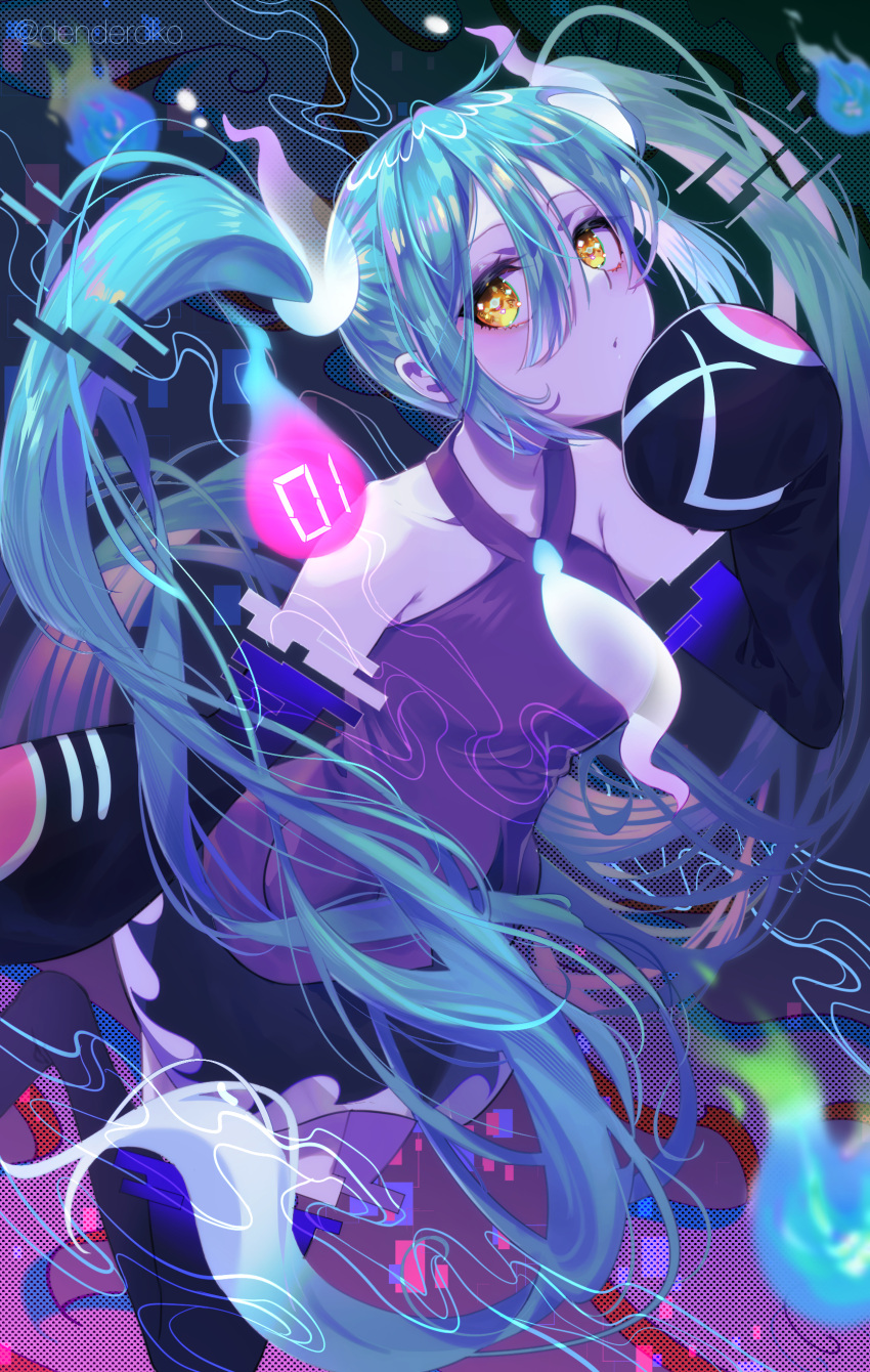 1girl absurdres aqua_hair black_thighhighs denko_(ziutyou3maruhho) detached_sleeves floating ghost ghost_miku_(project_voltage) glitch gradient_hair grey_shirt hair_between_eyes hatsune_miku highres long_hair looking_at_viewer multicolored_hair necktie pokemon project_voltage see-through see-through_skirt shirt skirt thigh-highs twintails very_long_hair vocaloid will-o'-the-wisp_(mythology) yellow_eyes