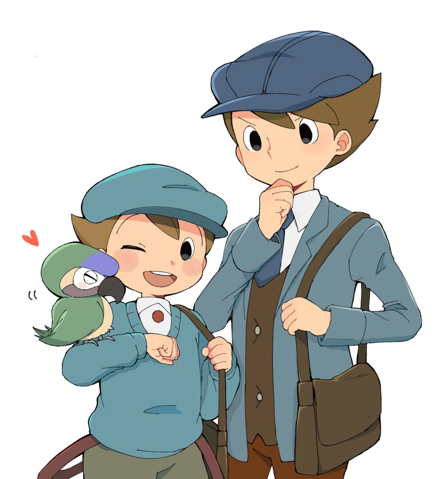 2boys :d animal_on_shoulder bag bird bird_on_shoulder black_eyes blue_headwear blue_jacket blue_necktie blue_sweater blush brown_bag brown_hair brown_pants cabbie_hat collared_shirt future_luke hand_on_own_chin hat heart highres holding_strap jacket kiwami_(kiwamimuneko) long_sleeves looking_at_another luke_triton male_focus multiple_boys necktie one_eye_closed open_clothes open_jacket open_mouth pants parrot professor_layton professor_layton_and_the_unwound_future shirt short_hair shoulder_bag simple_background smile standing suspenders suspenders_hanging sweater v-shaped_eyebrows white_background white_shirt