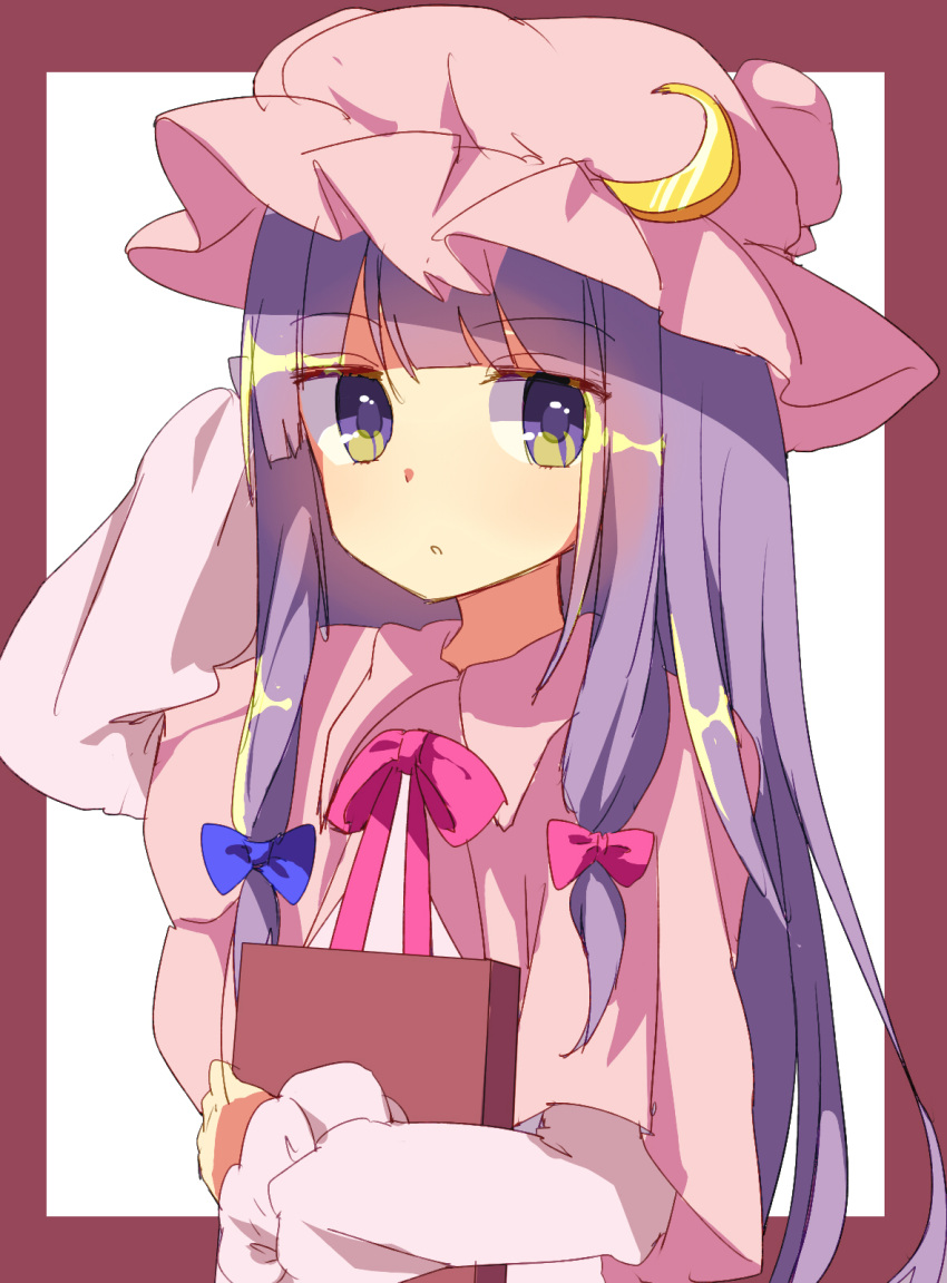 1girl arm_up blue_bow book border bow busujima_(kusahana) crescent crescent_hat_ornament hair_bow hat hat_ornament highres holding holding_book long_hair long_sleeves looking_at_viewer mob_cap one-hour_drawing_challenge patchouli_knowledge pink_bow pink_headwear purple_hair red_border simple_background solo touhou upper_body very_long_hair violet_eyes white_background
