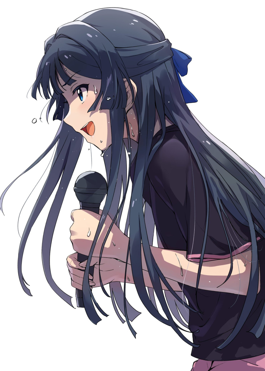 1girl ayano_yuu_(sonma_1426) black_hair black_shirt blue_bow blue_eyes bow cowboy_shot from_side hair_bow hair_intakes half_updo hands_up highres holding holding_microphone idolmaster idolmaster_million_live! idolmaster_million_live!_theater_days long_hair microphone mogami_shizuka music open_mouth profile shirt short_sleeves sidelocks simple_background singing smile solo sweat teeth upper_teeth_only white_background