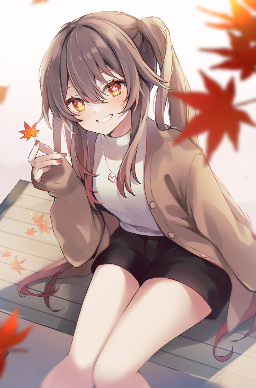 1girl 7aka_ne11 absurdres alternate_costume autumn_leaves black_shorts boo_tao_(genshin_impact) brown_coat brown_hair casual coat commentary_request feet_out_of_frame genshin_impact grin highres holding holding_leaf hu_tao_(genshin_impact) leaf long_hair long_sleeves looking_at_viewer open_clothes open_coat red_nails shirt shorts sitting smile solo twintails very_long_hair white_shirt