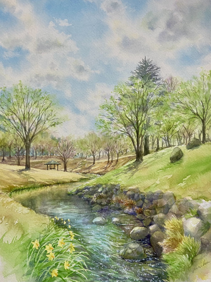 blue_sky clouds cloudy_sky day gazebo highres no_humans ooy33151086 original painting_(medium) park path river riverbank rock scenery sky traditional_media tree water watercolor_(medium)