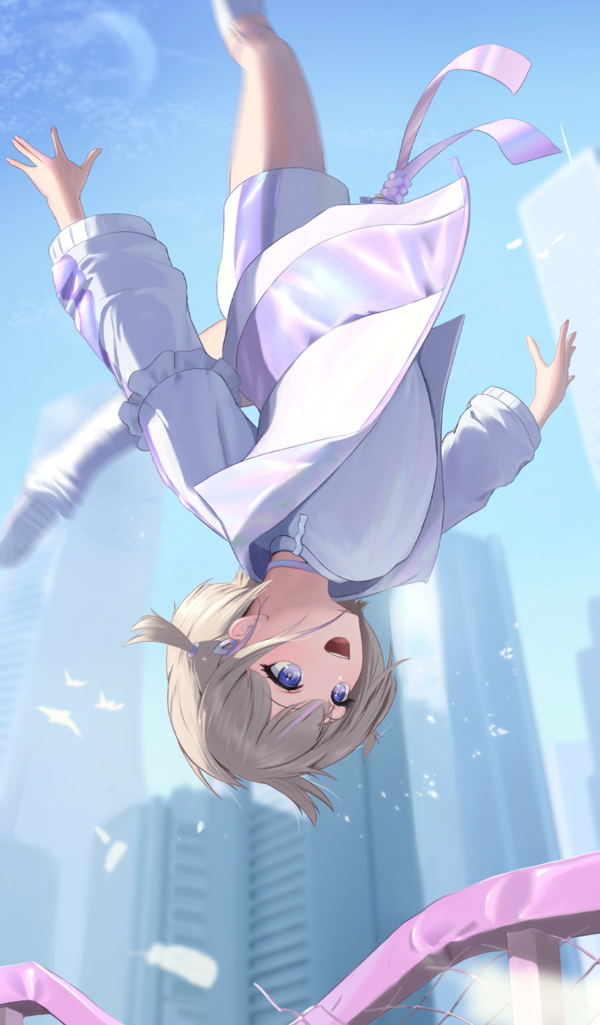 1girl blonde_hair building chain-link_fence choker city fence highres hololive hololive_dev_is jacket jumping motion_blur shirt short_twintails shorts todoroki_hajime torjun_111 twintails upside-down violet_eyes virtual_youtuber white_shirt
