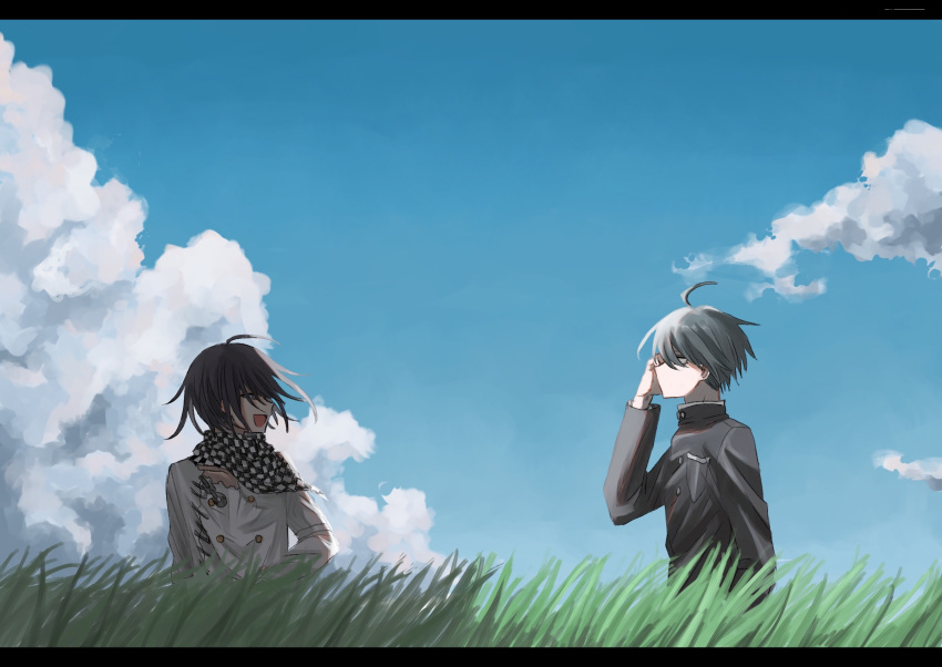 2boys :d ahoge black_hair black_scarf breast_pocket buttons checkered_clothes checkered_scarf clouds commentary danganronpa_(series) danganronpa_v3:_killing_harmony day double-breasted grass grey_jacket highres jacket kasou_(roomno404_) letterboxed long_sleeves male_focus medium_hair multiple_boys oma_kokichi open_mouth outdoors pocket profile saihara_shuichi scarf short_hair smile upper_body white_scarf