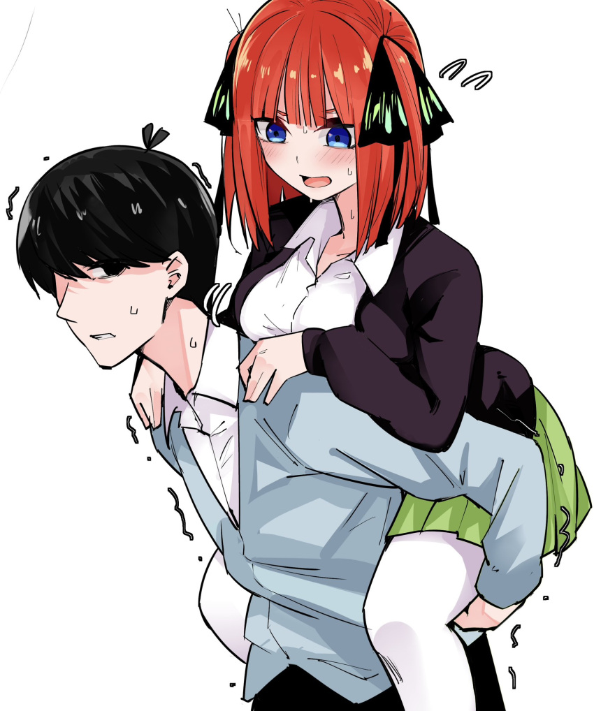 1boy 1girl antenna_hair black_cardigan black_eyes black_hair black_ribbon blue_eyes blunt_bangs blush breasts butterfly_hair_ornament cardigan carrying clenched_teeth commentary cowboy_shot dress_shirt embarrassed eyebrows_hidden_by_hair flying_sweatdrops from_side go-toubun_no_hanayome green_skirt hair_ornament hair_ribbon hands_on_another's_shoulders hetero highres large_breasts looking_at_another looking_at_viewer mame1645 medium_hair miniskirt nakano_nino nose open_cardigan open_clothes open_mouth pantyhose piggyback pleated_skirt redhead ribbon school_uniform shirt short_hair simple_background skirt sleeves_past_wrists straight_hair sweat teeth trembling two_side_up uesugi_fuutarou v-shaped_eyebrows white_background white_pantyhose white_shirt