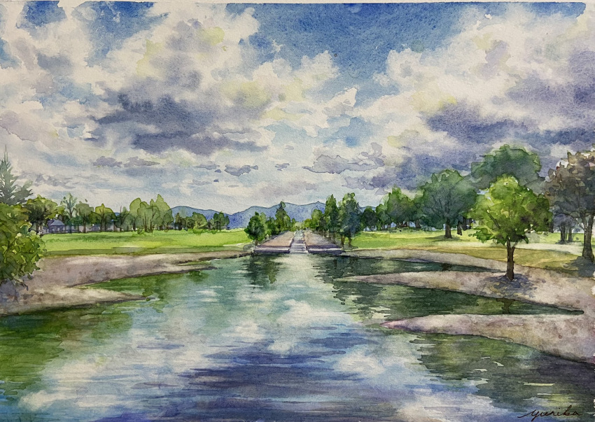 blue_sky clouds cloudy_sky grass highres mountainous_horizon no_humans ooy33151086 original painting_(medium) park pond scenery sky traditional_media tree water watercolor_(medium)
