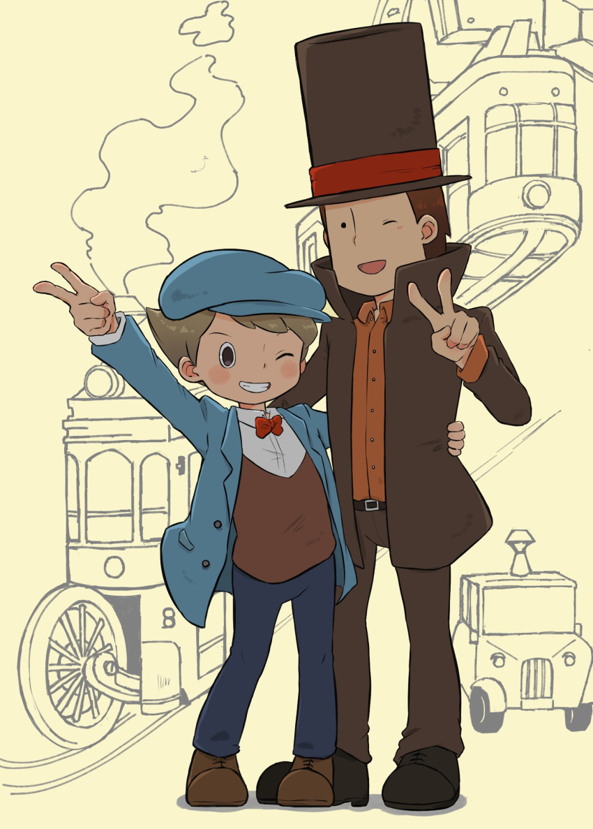 2boys arm_up belt black_eyes blue_headwear blue_jacket blush bow bowtie brown_belt brown_footwear brown_hair brown_headwear brown_jacket brown_pants cabbie_hat car collared_shirt commentary_request full_body grin hand_on_another's_waist hand_up hat hershel_layton high_collar highres jacket kiwami_(kiwamimuneko) long_sleeves looking_at_viewer luke_triton male_focus motor_vehicle multiple_boys one_eye_closed open_clothes open_jacket open_mouth orange_shirt pants professor_layton red_bow red_bowtie shirt shoes short_hair smile standing teeth top_hat train v white_shirt