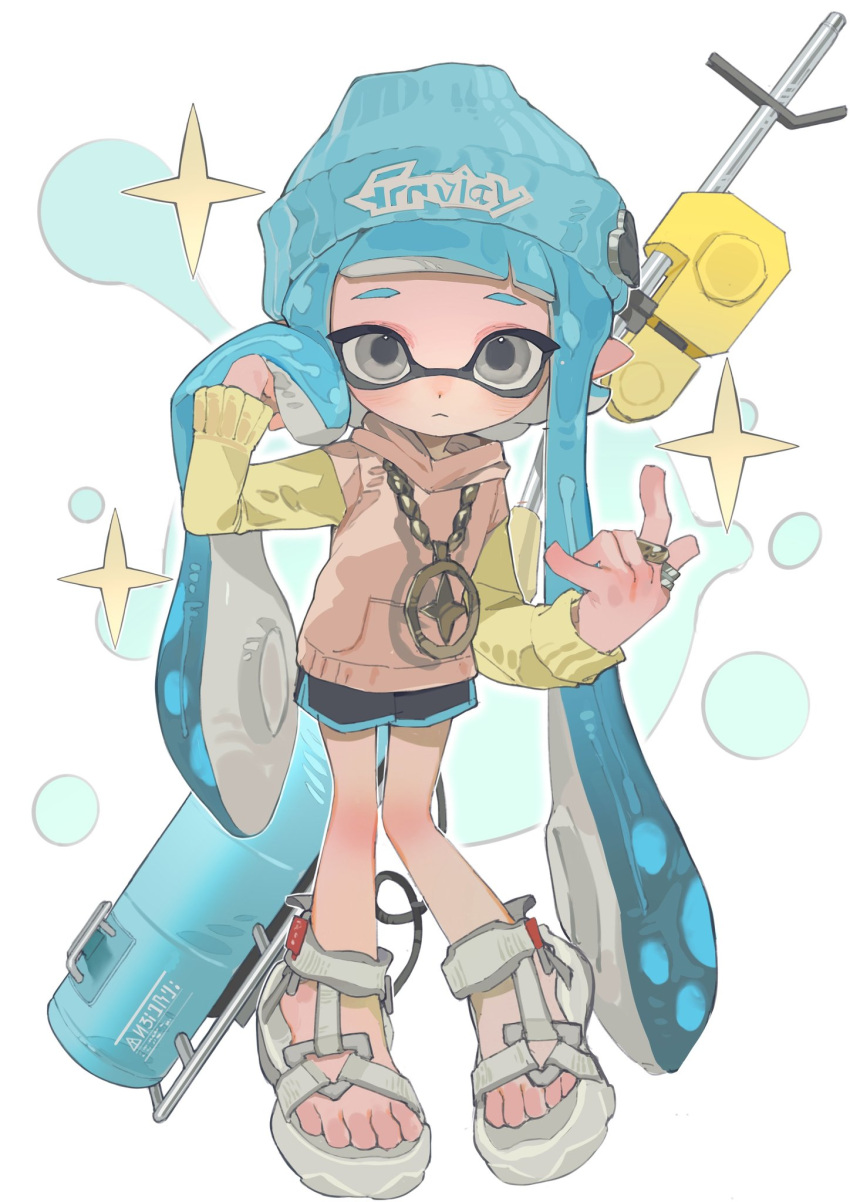 1girl beanie black_shorts blue_hair blue_headwear blunt_bangs blush closed_mouth commentary e-liter_4k_(splatoon) expressionless feet full_body gold_necklace grey_eyes gun hand_up hat highres hood hood_down hoodie inkling inkling_girl jewelry long_sleeves looking_at_viewer necklace p-pepper paint_splatter pink_hoodie pointy_ears ring sandals short_eyebrows short_shorts shorts simple_background solo sparkle splatoon_(series) splatoon_2 striped tentacle_hair toes two-tone_hoodie vertical_stripes weapon white_background white_footwear yellow_sleeves