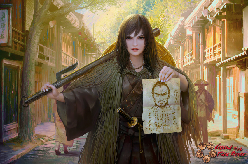 1girl 2boys brown_eyes brown_hair brown_kimono city copyright_name day english_commentary hat highres holding holding_weapon japanese_clothes kimono legend_of_the_five_rings lipstick long_hair looking_at_viewer makeup mario_wibisono multiple_boys official_art outdoors samurai standing unworn_hat unworn_headwear wanted weapon white_nails wide_sleeves